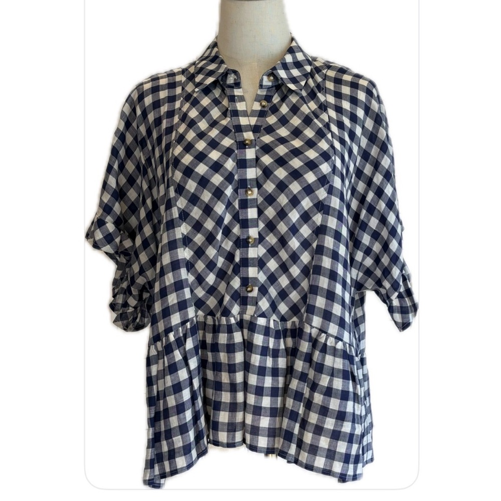 MAEVE by Anthropologie NWOT Blue & White Checkered Peplum Dolman Sleeves Shirt S